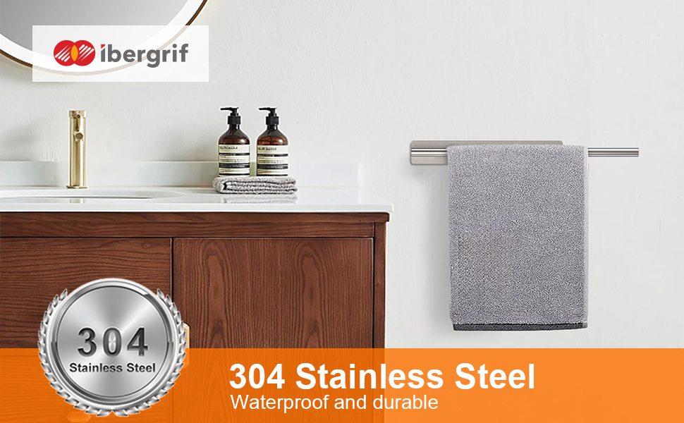 Тримач для рушників Ibergrif M34453A без свердління, 39 см, нержавіюча сталь 304, самоклеючий, срібний (39 x 6 x 4 см)