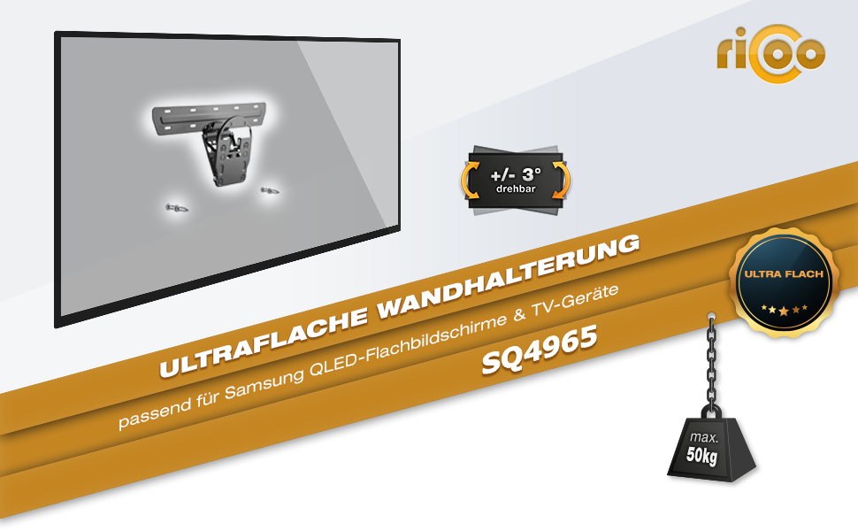 Настінний кронштейн для телевізора RICOO SQ75 для Samsung QLED Q7/Q8/Q9 75 дюймів, ультратонкий, з можливістю нахилу та повороту, чорний
