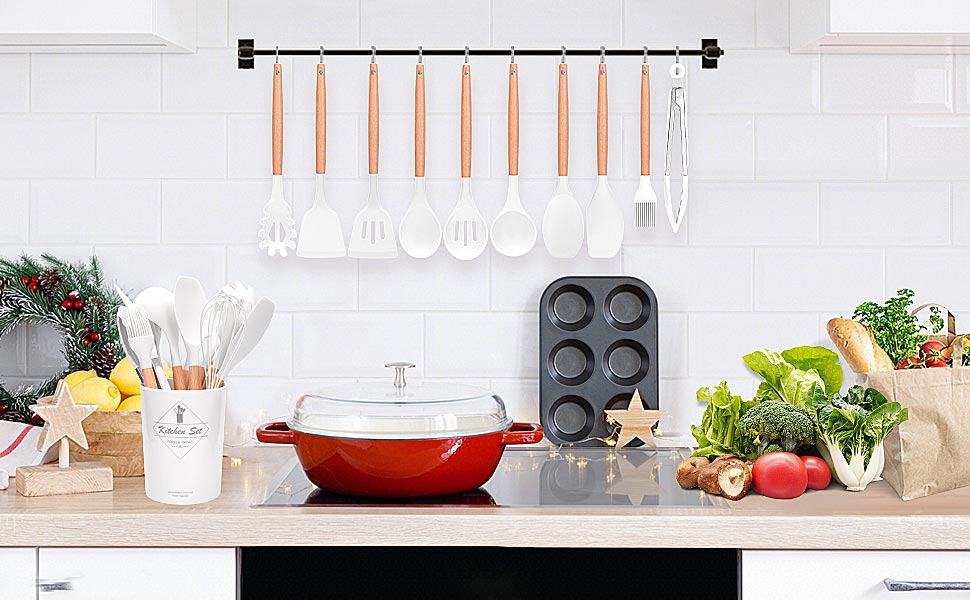 Набір кухонних аксесуарів Howephofly: 23 штуки з силікону, антипригарні, з дерев'яними ручками, включає гачки, рожевий колір