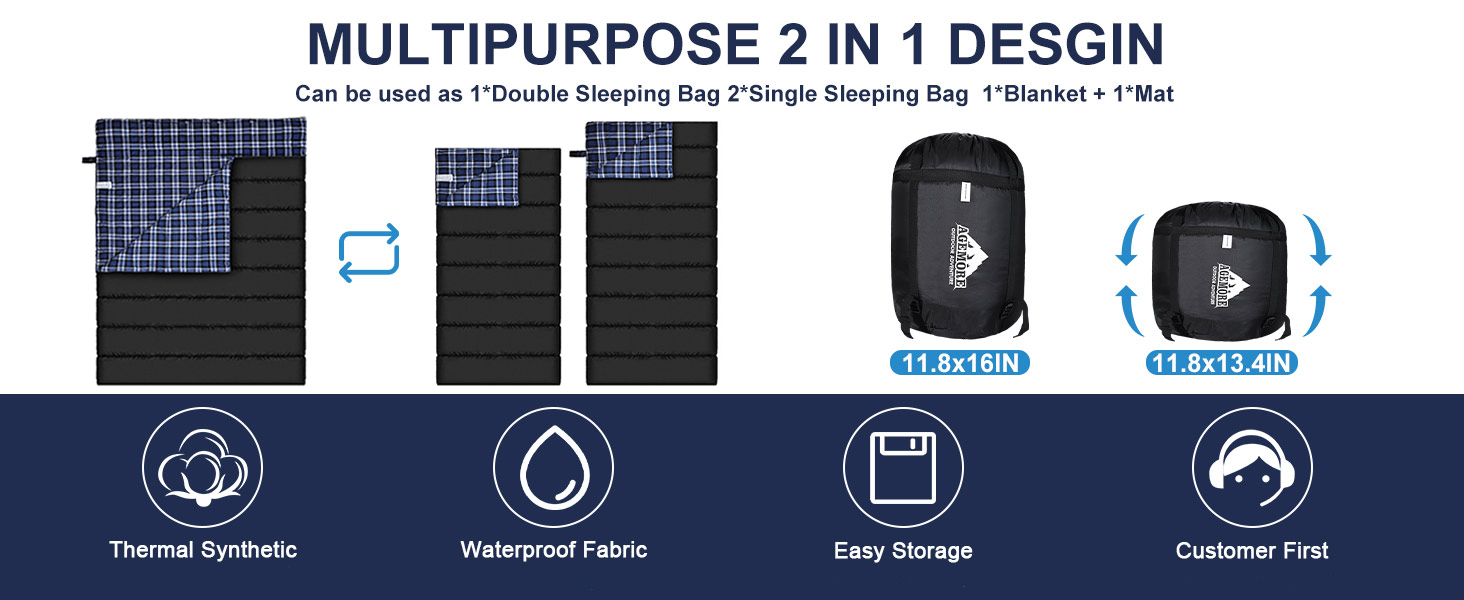 Cotton Flannel Double Sleeping Bag for Camping, Hiking, and Backpacking - Queen Size 2 Person Waterproof Sleeping Bag for Adults & Teens - Lightweight Blue/Blue