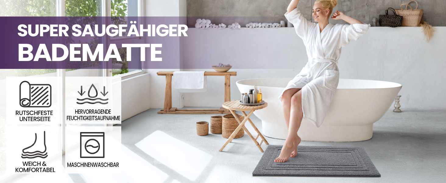 Килимок для ванної кімнати DEXI: м'який, неслизький, пральний, 60 x 110 см, білий/темно-сірий