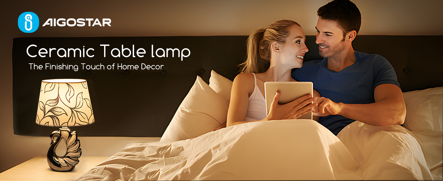 Стійка лампа Aigostar з кераміки, вінтажна настільна лампа з тканинним абажуром, патрон E14, макс. 40W, сучасна лампа для нічного столика, нічник для спальні, вітальні, офісу (без лампочки) - H235mm (Білий лебідь - H310mm)