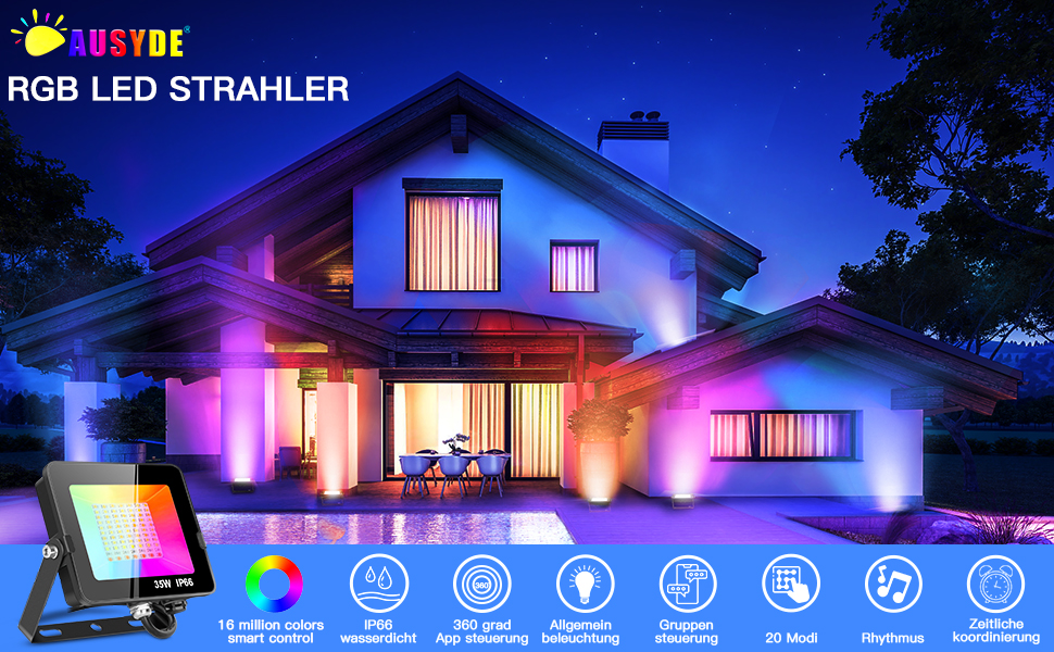 Світлодіодний прожектор 35Вт Smart RGB, зміна кольорів, Bluetooth APP керування, IP66, водонепроникний, диміруємий, для декору, саду, ландшафту, сцени, дерево, 2 шт, євровилка