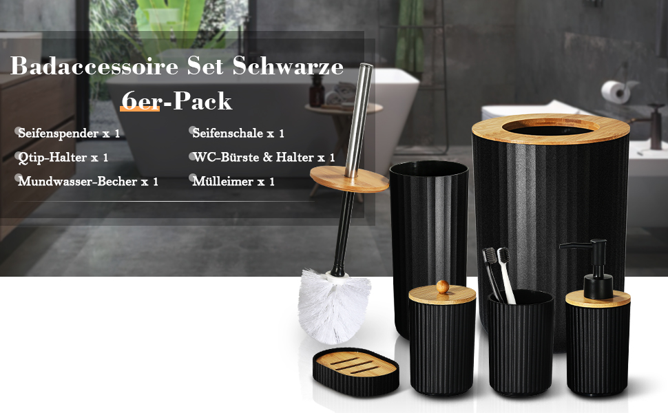 Набір аксесуарів для ванної кімнати GMISUN 6 предметів, чорний: мильниця, дозатор мила, стакан для зубної пасти, відро для сміття, тримач для туалетного йоржика, у стилі Farmhouse Boho