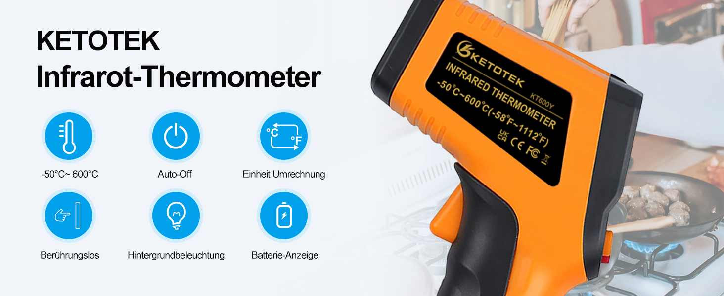 Інфрачервоний термометр KETOTEK Laser Digital IR Pyrometer KT600Y -50°C до 400 °C. Безконтактний вимірювач температури для кухні, барбекю, холодильника, промисловості та продуктів харчування