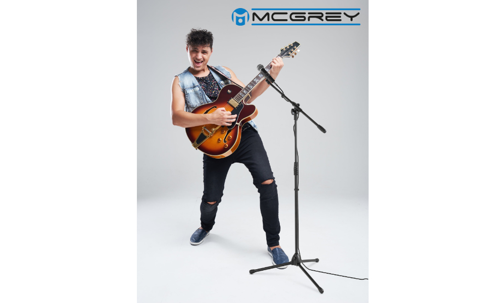 Мікрофонний стійка McGrey MBS-01 з гаком та кріпленням для мікрофону, чорний (регульована висота до 154 см, шарнірний кріплення, тринога, кабельні зажими, довжина гака 75 см)