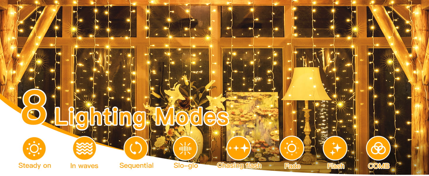 Ланцюжок LED-ліхтарів Joycome 3м x 3м, 300 LED, 8 режимів, вологостійкий, для декору вікна, балкона, кімнати, вечірки, намету, весілля, Різдва (тепле біле світло)
