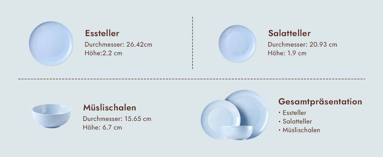 Набір посуду HIKAA на 6 осіб, 18-ти предметний сервіз з кісткового фарфору, комплект тарілок, безпечний для мікрохвильової печі та посудомийної машини, сервіз для дому, весілля, легкий та довговічний (блакитний)