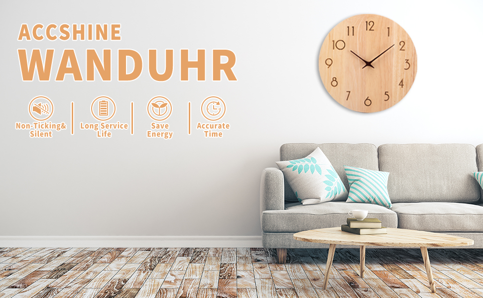 ACCSHINE Wall Clock Wood Oak Silent No Ticking Sound 30cm Quartz Large Easy to Read for Living Room Kitchen Bedroom Office School (Wood Color - Arrow Hands)