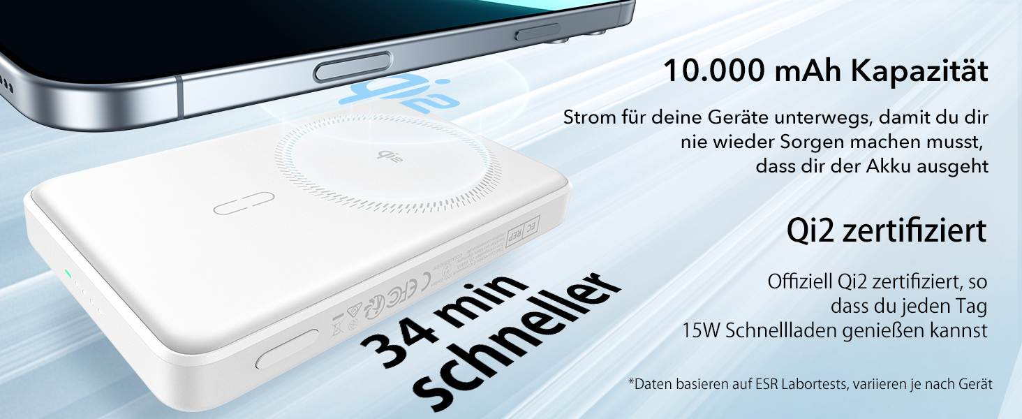 Power Bank ESR MagSafe 10000mAh, QI2, Бездротова Магнітна, 15W, USB-C, для iPhone/Pixel, Білий