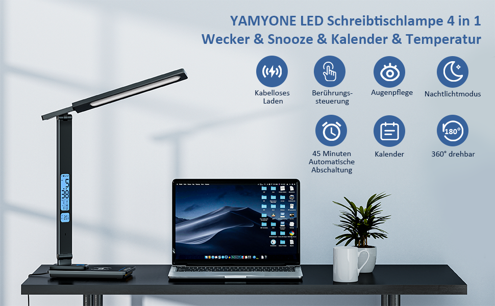 LED лампа настільна YAMYONE з бездротовим зарядним пристроєм та USB-портом, 5 кольорів, регулювання яскравості, нічник, годинник, термометр, для офісу та навчання, білий (чорний)