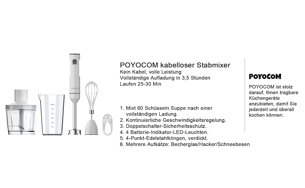 Бездротовий стаціонарний блендер POYOCOM з акумулятором, білий: для смузі, дитячого харчування та супів