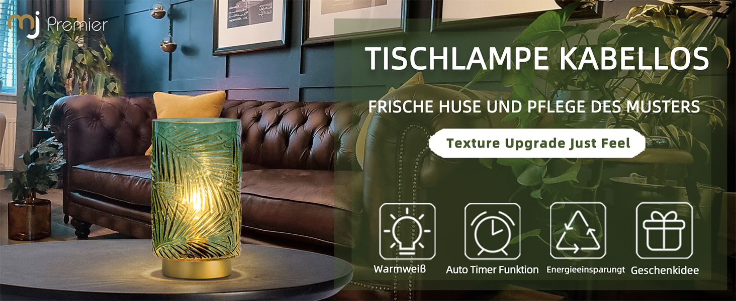 Настільна лампа MJ PREMIER акумуляторна LED з сенсорним вимикачем, регульована яскравість, скло, USB зарядка, аварійна лампа, зелена