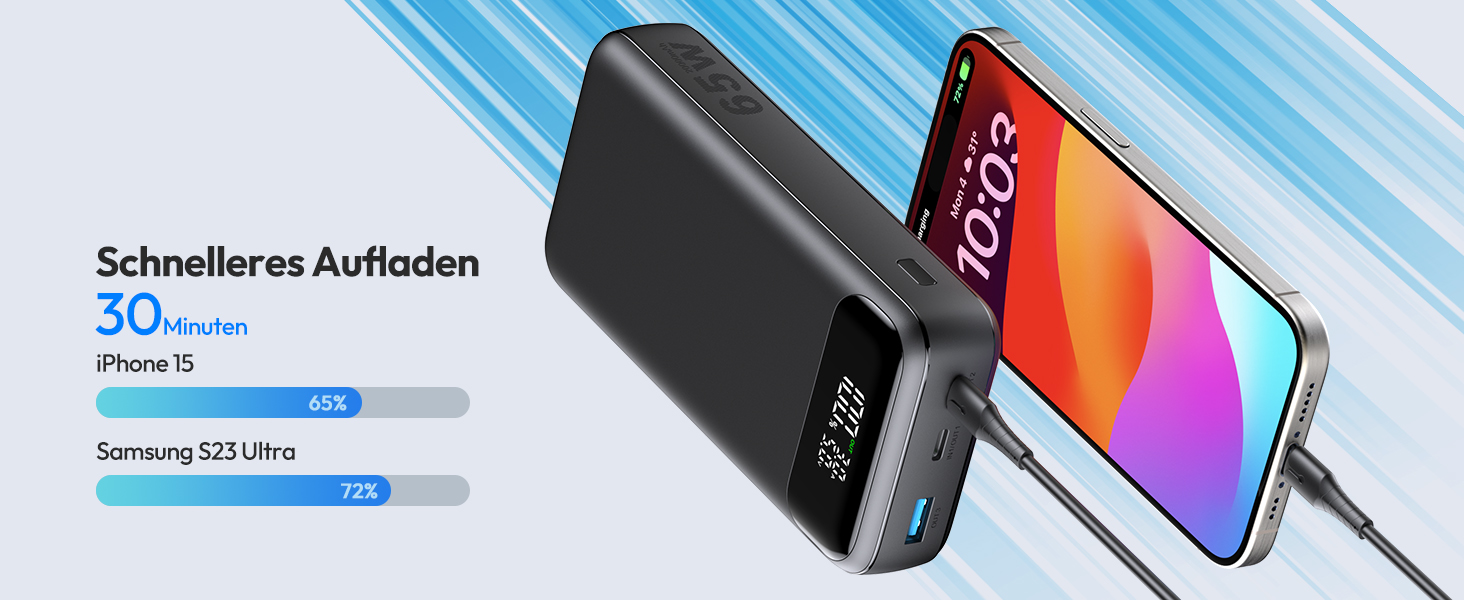 Power Bank ADDTOP 20000mAh 65W: зарядний пристрій для телефону та ноутбука (USB-C, чорний)