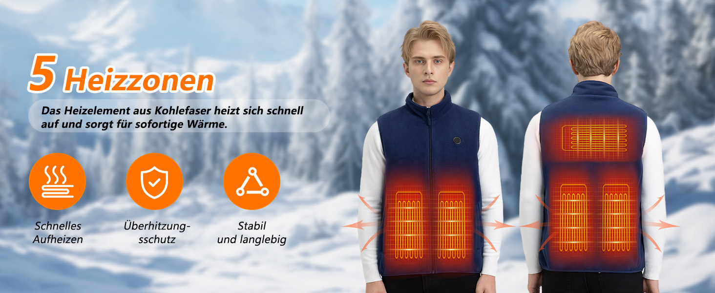 Обогрівальна жилетка з флісу для чоловіків з акумулятором 5V 10000mAh - жилетка для чоловіків з 3 рівнями нагріву, 5 зонами обігріву, ідеальна для роботи на відкритому повітрі, катання на лижах, піших прогулянок та щоденних поїздок (M, Морська синя)