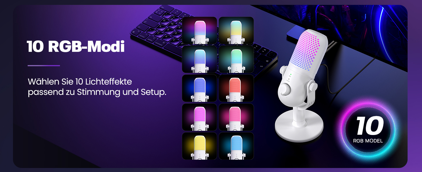 USB Мікрофон для ПК, Gaming RGB Mikrofon PS4/PS5 - для стрімінгу, YouTube, подкастів (білий)