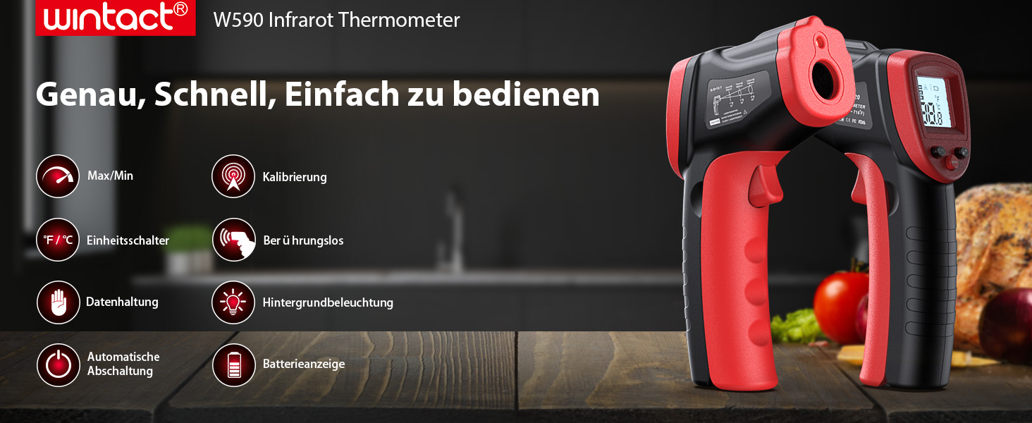 Інфрачервоний термометр Wintact -50℃ - 590℃, цифровий, безконтактний, для кухні та піци, WT320