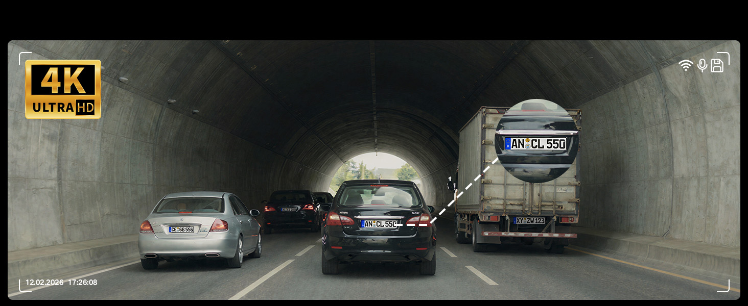 3-канальний автомобільний відеореєстратор 4K (передній, задній, салонний), 170° широкий кут, нічна зйомка, паркування 24/7, G-сенсор, WiFi 5.8 ГГц, SD-карта 64ГБ, чорний