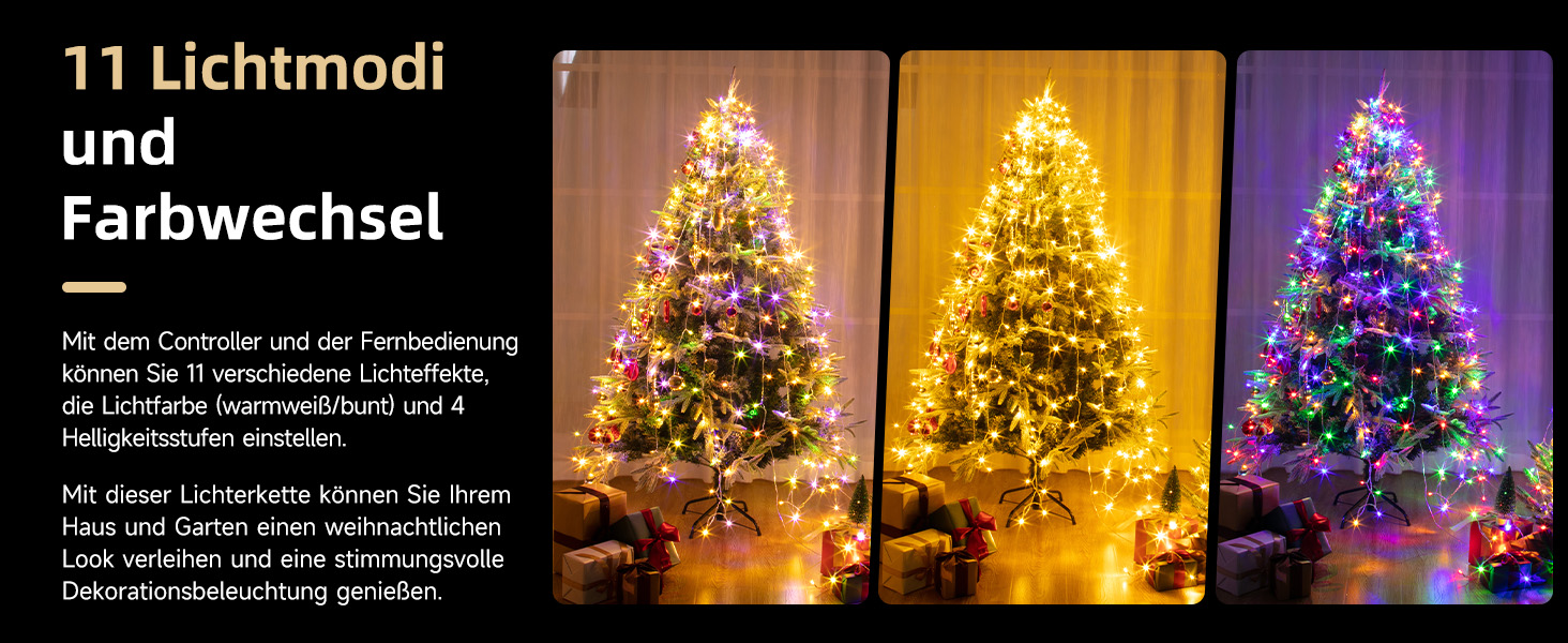 WOWDSGN Льохотна гірлянда для зовнішнього використання 20м, 2-в-1 LED гірлянда (Тепле біле & Класичне кольорове), сертифікований штекер GS, 11 режимів, пульт дистанційного керування та таймер, IP44 вологостійка різдвяна прикраса для саду, балкону, тепле біле/кольорове світло (зміна кольору) 20м 200LED