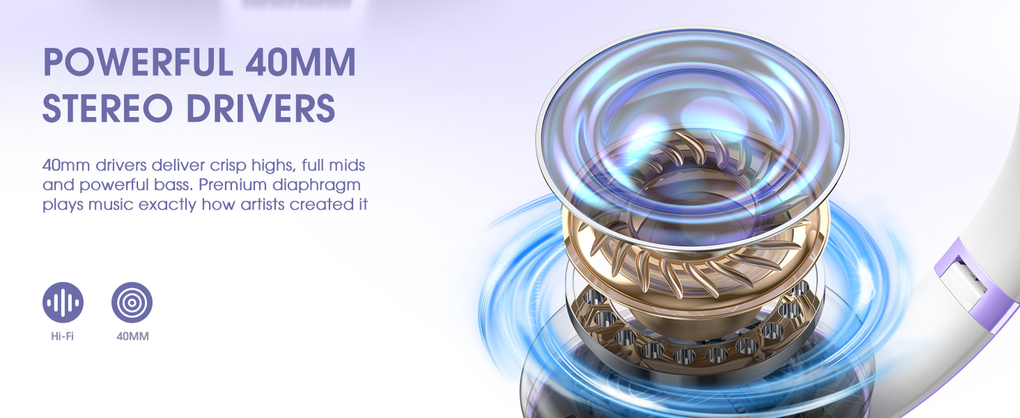 Бездротові навушники Uliptz Bluetooth Over Ear: 65 годин роботи, 6 EQ-режимів, HiFi стерео, складна конструкція, для подорожей/офісу/телефону/ПК (фіолетовий)