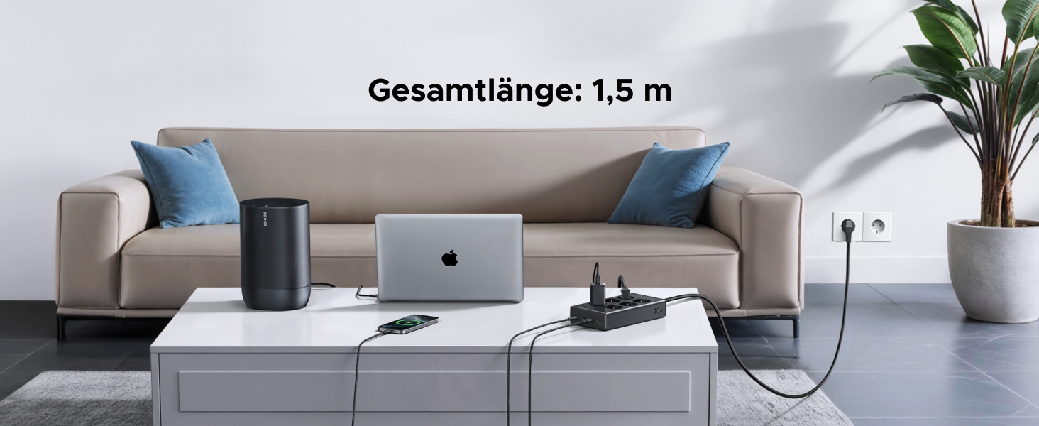 Мережевий фільтр UGREEN 10-в-1 з USB, подовжувач з 20W швидкою зарядкою USB-C, захист від перенапруги, 3680 Вт, кабель 1.5 м, для офісу та дому
