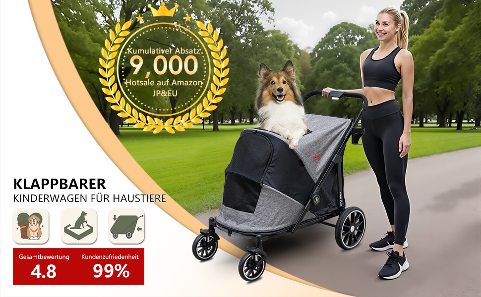 Візок для собак з одним клавішею, складаний, до 50 кг, сірий. Підходить для великих собак та котів, 100 x 48 x 96 см