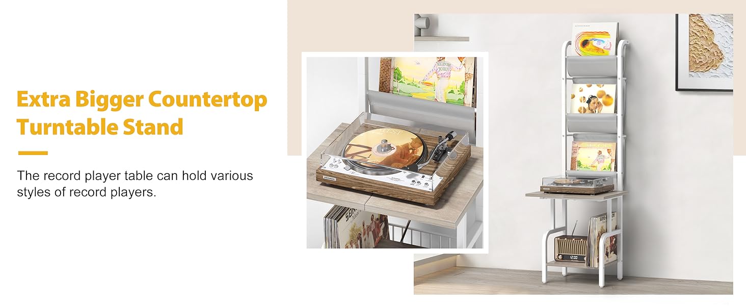 Стіл для вінілового програвача Bikoney з полицею для зберігання пластинок (білий, до 200 альбомів)