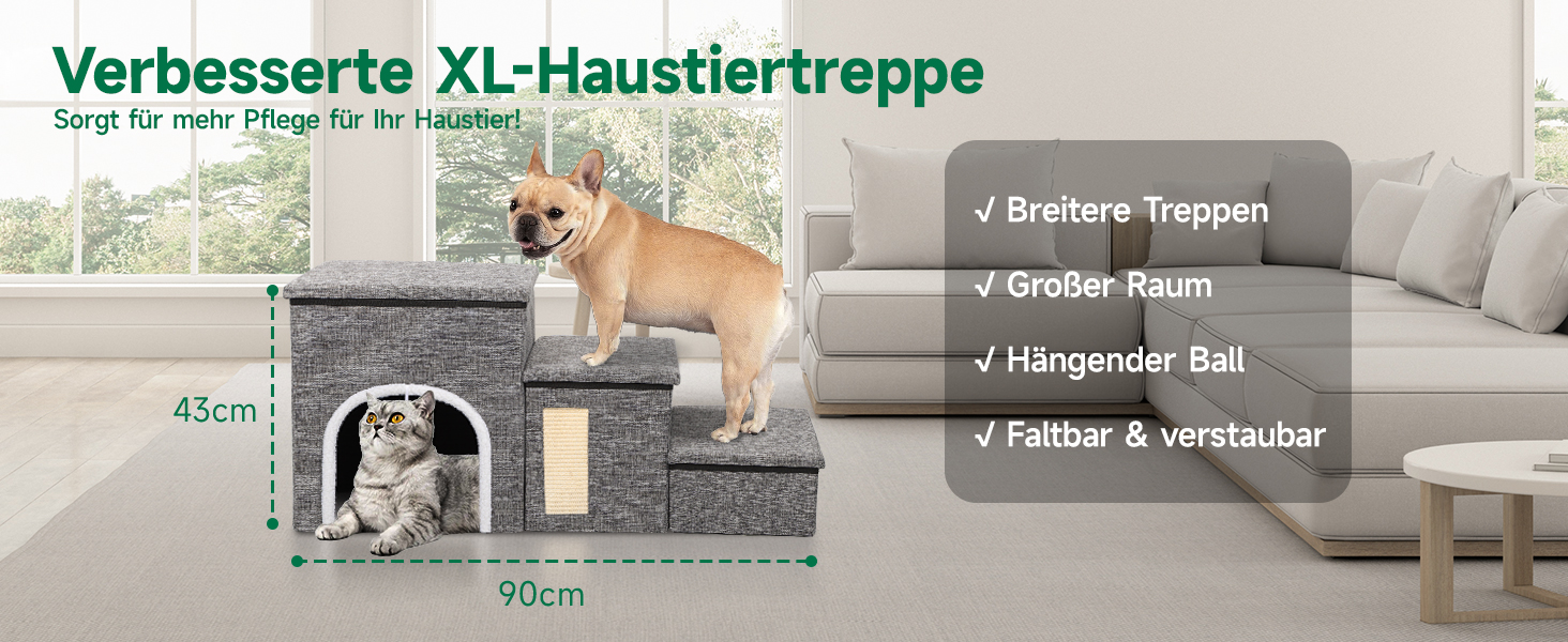 Сходинки для собак Upgrade XL, сірі, 90x35x43 см, 3 сходинки, для великих собак, котів, ліжка, дивана