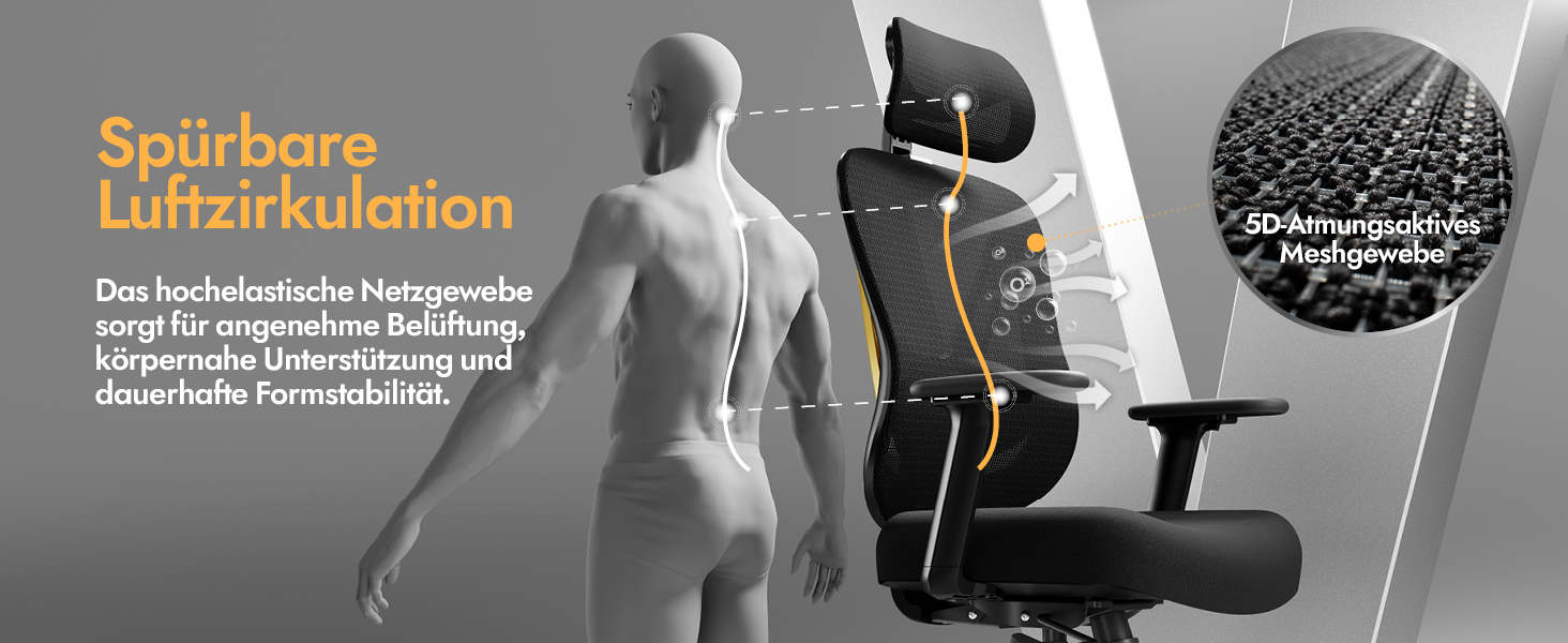 Ергономічне офісне крісло HOLLUDLE з 3D поперековою підтримкою та регульованими підлокітниками, V-подібна спинка, чорно-золоте