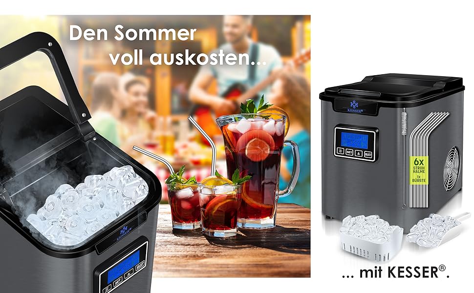 Машина для приготування льоду KESSER® з нержавіючої сталі, 150W, 12 кг/24 год, 3 розміри кубиків, 2.2 л резервуар, таймер, LCD-дисплей, аксесуари, чорний/антрацит