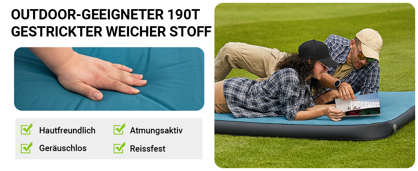 Килимок для кемпінгу Fundango самонадувний, 9.5 R-значення, піна-пам'ять, 10 см товщина, 3D посилення, м'яка оксамитова поверхня, для намету, подорожей на авто (одинарний та подвійний розмір)