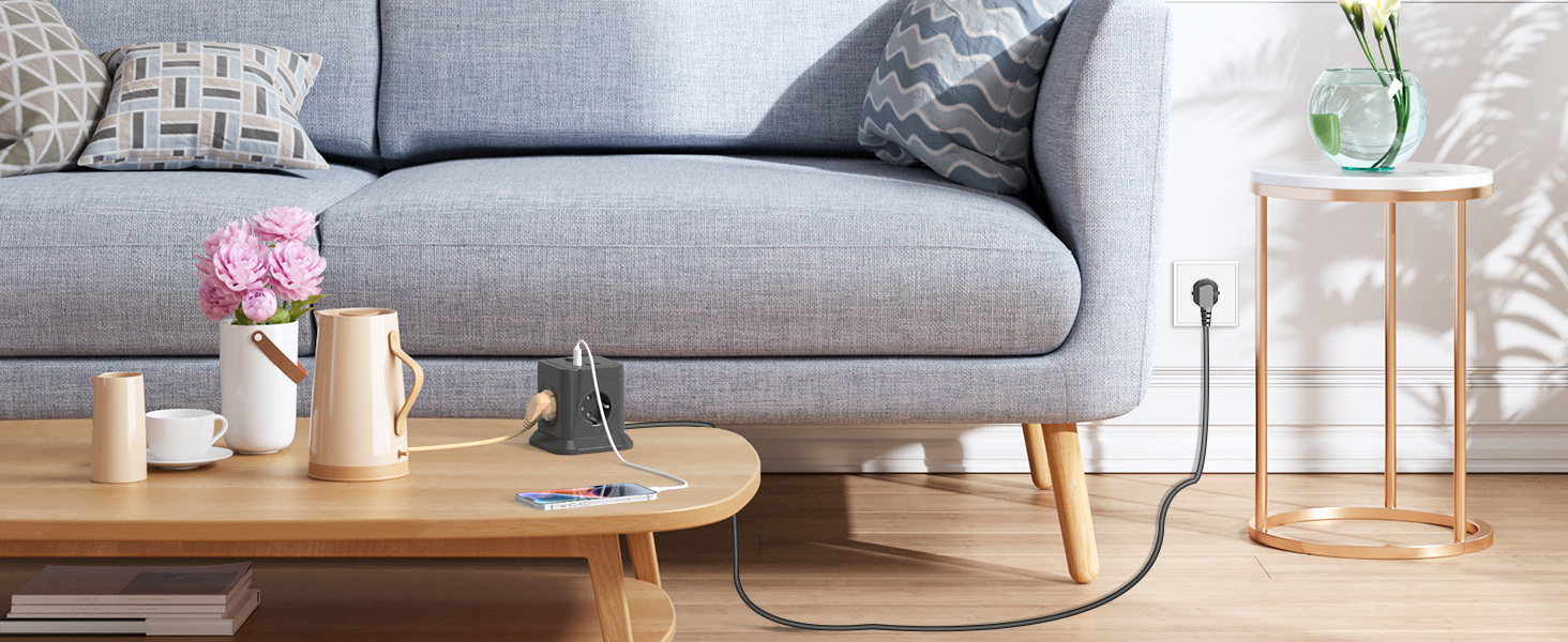 Багатофункціональний мережевий адаптер FDTEK 7-в-1 з USB-C та USB-A, 4 розетки, 2500W/10A, куб з вимикачем, кабель 1.8м, чорний