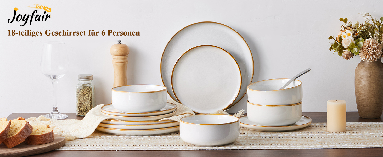 Набір посуду Joyfair на 6 осіб, 18 предметів: тарілки, миски, десертні тарілки, посуд з реактивної глазурі, для щоденного використання, сумісний з мікрохвильовою піччю та посудомийною машиною, пісочно-бежевий колір