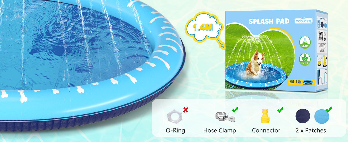Надувний басейн для собак Nobleza D140см, Splash Pad для великих та маленьких собак, антиковзаюча поверхня, блакитний та світло-блакитний