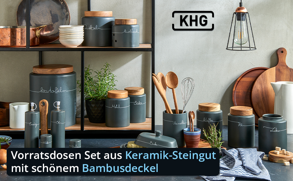 Набір контейнерів для зберігання KHG для кухні, антрацитово-сірий колір з дерев'яними кришками, кераміка, стеатоліт, з маркуванням, органайзер для кухні, без пластику, світлонепроникний, повний набір