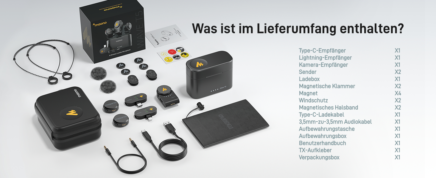 MAONO Бездротовий петличний мікрофон Wave T5 (2TX+3RX) для iPhone 15/16, Android (USB-C) - мікрофон для зйомки відео, з шумозаглушенням, 48kHz/24Bit, 30 годин роботи, 300м радіус дії