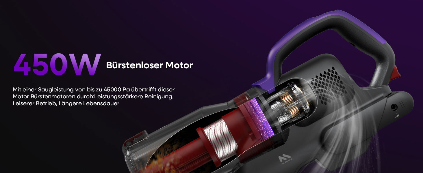 Бездротовий акумуляторний пилосос AlloyMove A03 Lila: потужність 450W, 45000Pa, LED, 60 хвилин роботи, для тварин, килимів, твердих поверхонь