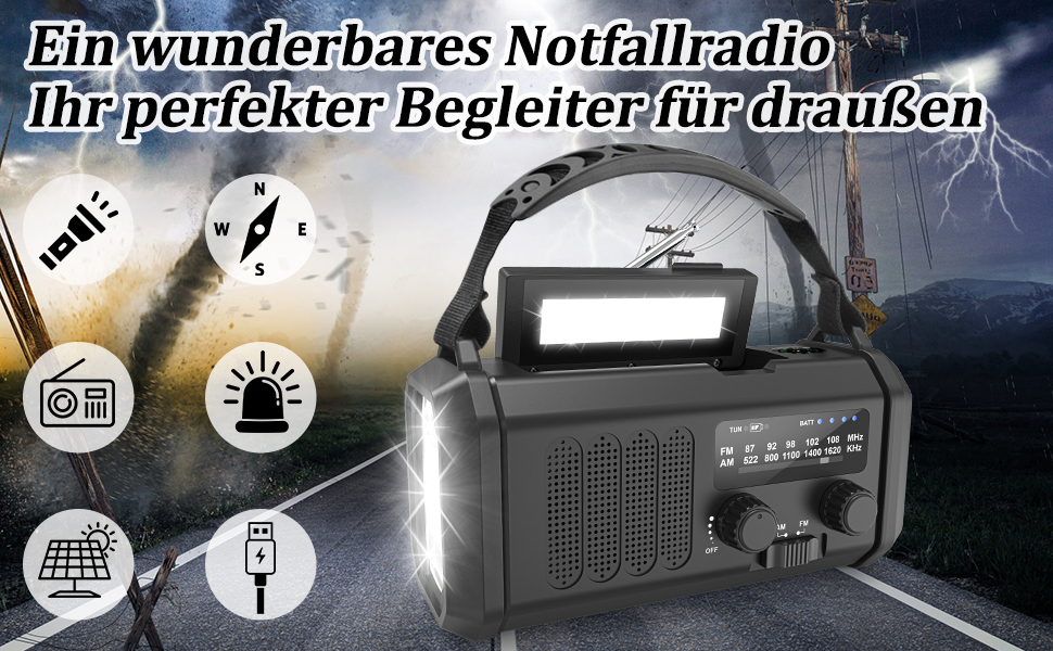 Радіо Solar Radio на сонячних батареях з ручним заводом AM/FM, Powerbank 20000mAh, ліхтарик LED, SOS-сигнал, USB-C зарядка для телефону, чорне – для кемпінгу та активного відпочинку