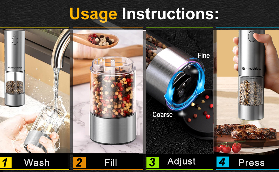 Електричний набір для солі та перцю з нержавіючої сталі, 2 шт., автоматичний, перезаряджається, 5 ступенів помелу, 95 мл, LED-підсвічування, Type-C, база для зберігання