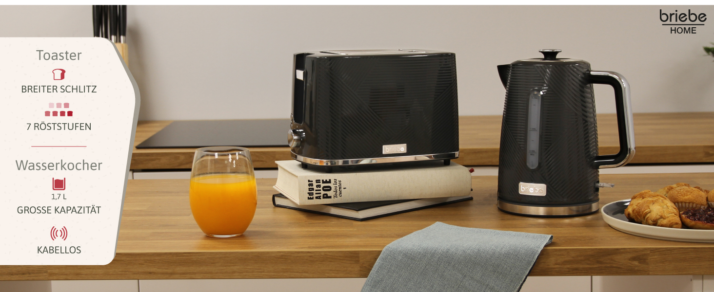 Набір для сніданку: тостер на 2 підсмажування, 7 рівнів підсмажування та бездротовий чайник 1,7 л, 2200 Вт, чорний, BPA-free, сучасний дизайн