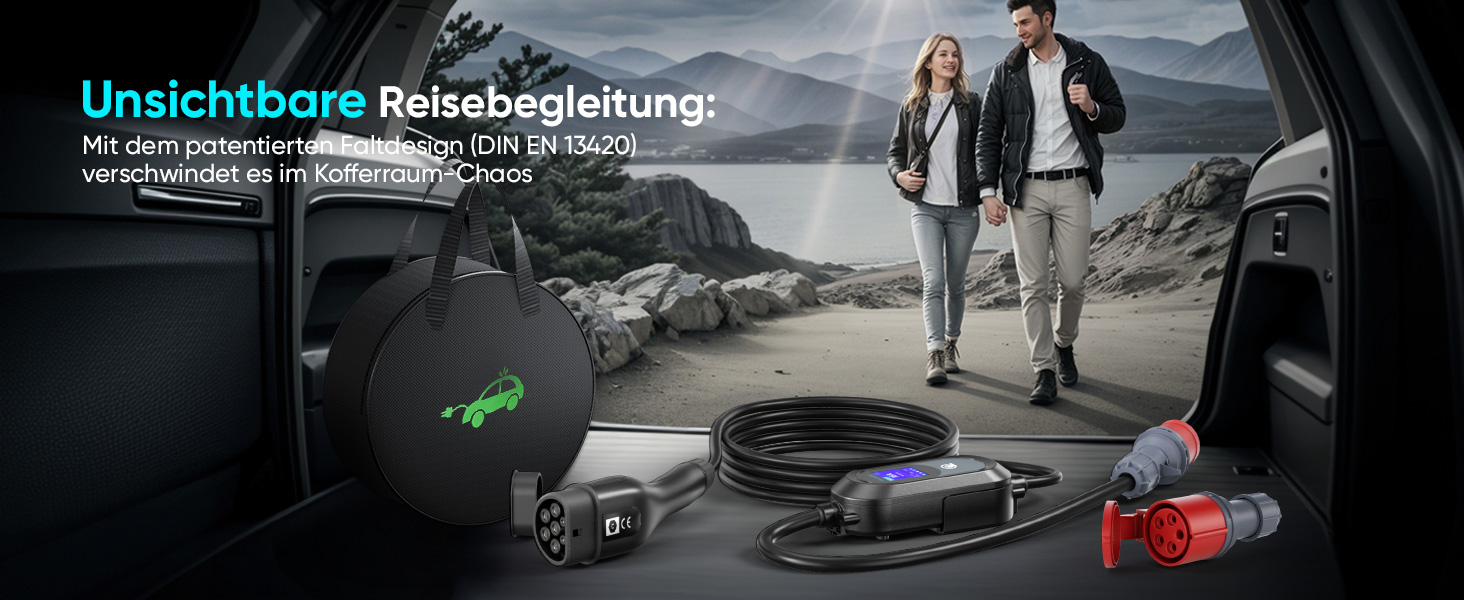 Мобільна зарядна станція для електромобіля 11 кВт (3 фази, IP67, 6-16A, 6м) з кабелем CEE 16A на Typ 2. Регульована потужність, CEE-розетка. Комплект: сумка + кріплення на стіну