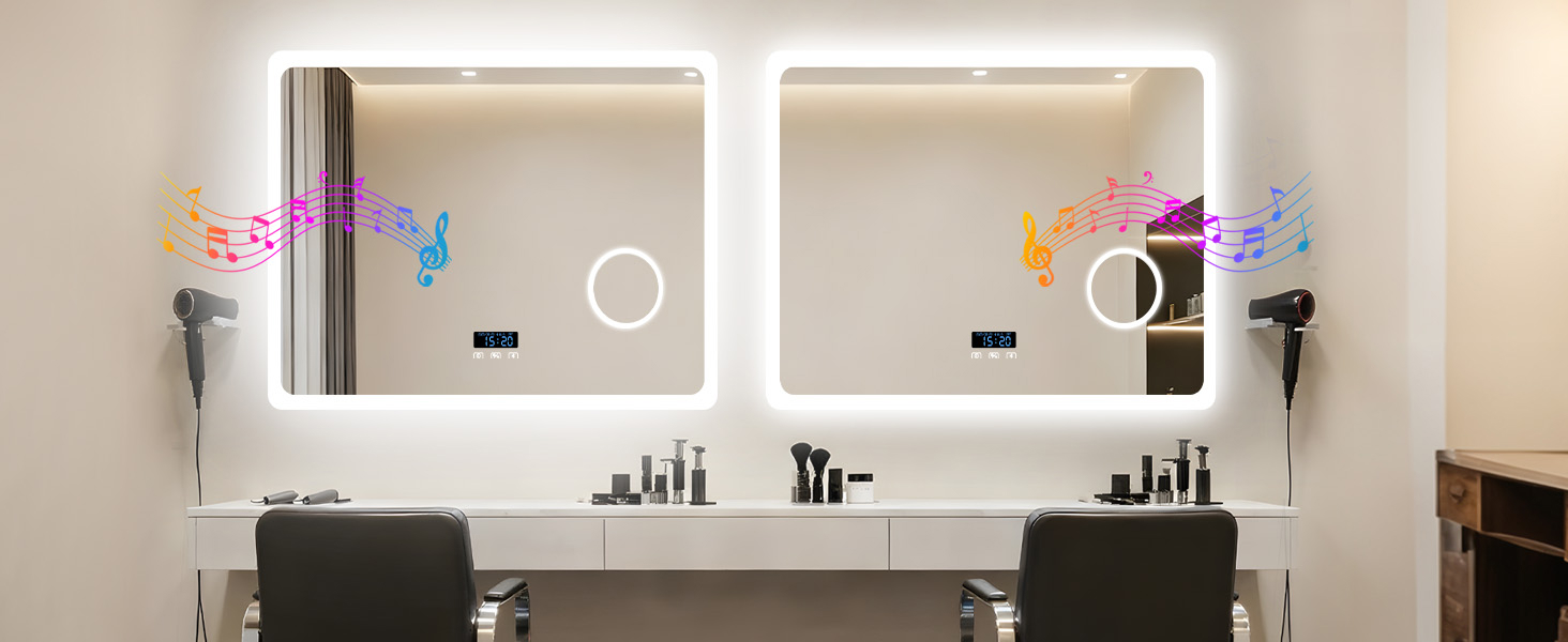 Дзеркало для ванної кімнати LUVODI з підсвічуванням 100x70 см: годинник, температура, дата, антизапар, регулювання яскравості, 3 кольори світла, функція пам'яті, LED, водонепроникність (60L x 80B см, 3x лупа + Bluetooth)