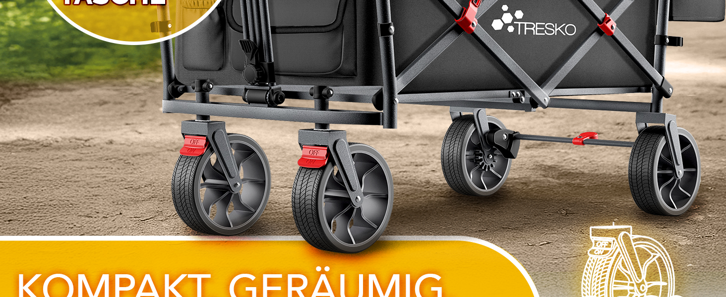 TRESKO® Вагончик-візок складний з дахом, кишеньою-холодильником та бічними шторками | Ручний візок, вантажопідйомність до 150 кг | Візок для перевезення з повного гумового покриття та гальмами (передні та задні) та 3-точкова система ременів безпеки (зелений)