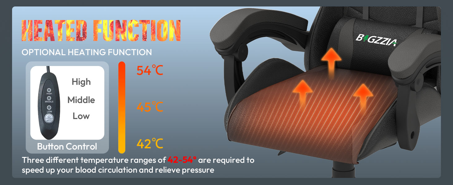 Ігрове крісло Bigzzia Gaming Stuhl з підігрівом, регульована спинка 90-135°, ергономічний геймерський стілець (сірий)