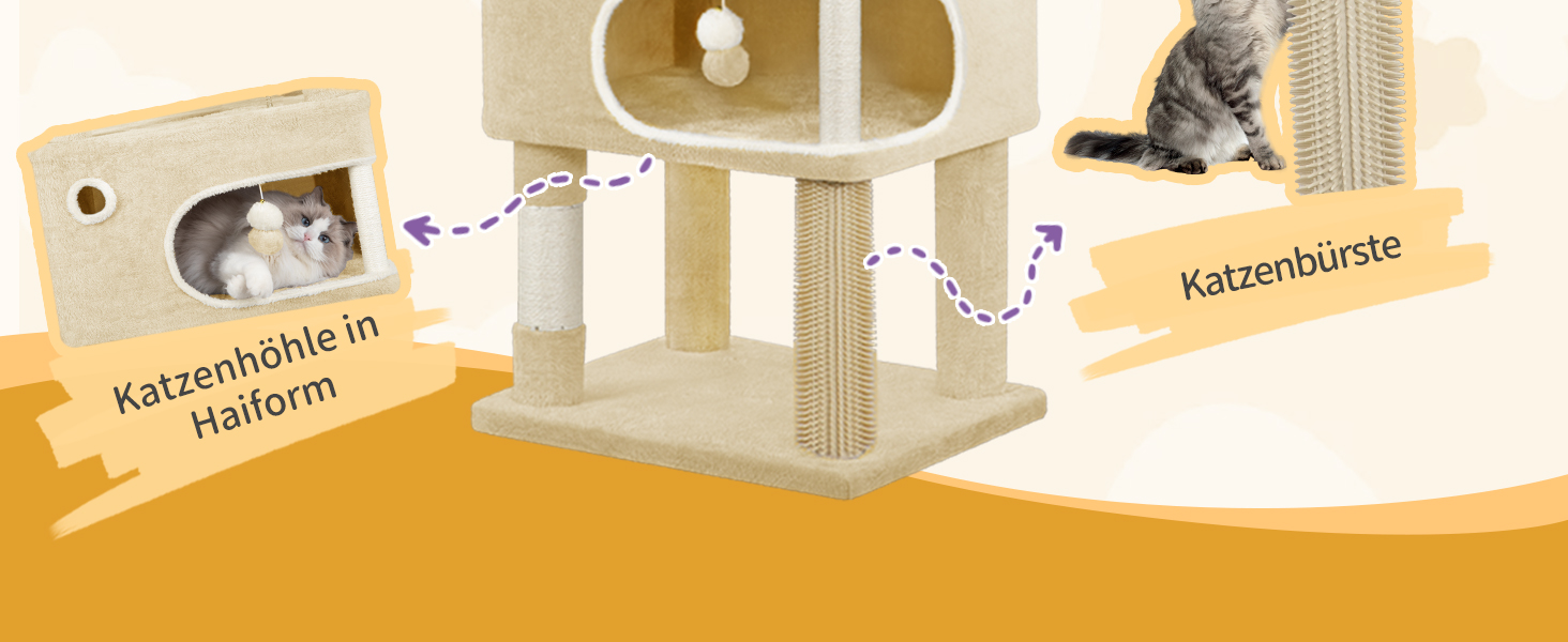 Кігтеточка для котів Hzuaneri XL (203 см) з платформою, печерами, колонами, гамаком та помпонами, бежева