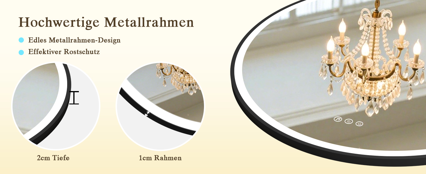 Дзеркало для ванної кімнати з підсвічуванням LED, антизапар, сенсорне керування, регулювання яскравості, 3 кольори світла, функція пам'яті, захист від вибуху, кругле дзеркало 50см (металевий каркас+bluetooth)