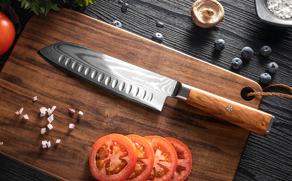 Ніж кухонний FUJUNI Santoku 18 см з лезом з дамаської сталі VG-10, ручка з оливкового дерева, подарункова коробка