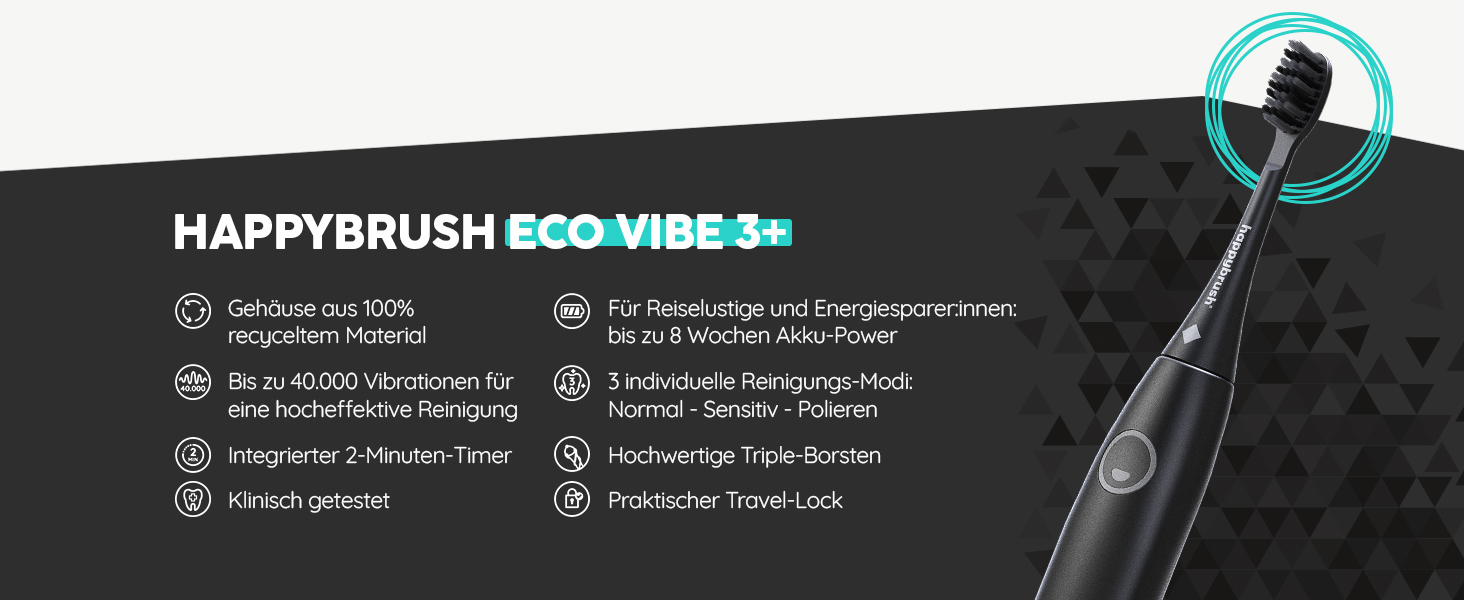 Електрична зубна щітка happybrush Eco Vibe 3+ (Чорна) - Ультразвукова, 8 тижнів роботи від акумулятора, 2 роки гарантії