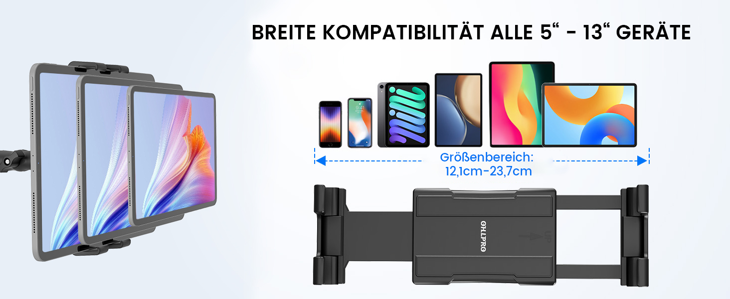 Тримач для планшета та смартфона в автомобіль OHLPRO, універсальний кронштейн на присосці для лобового скла та торпедо, поворот на 360°, висувний тримач 18 см, для пристроїв 4.7-13 дюймів