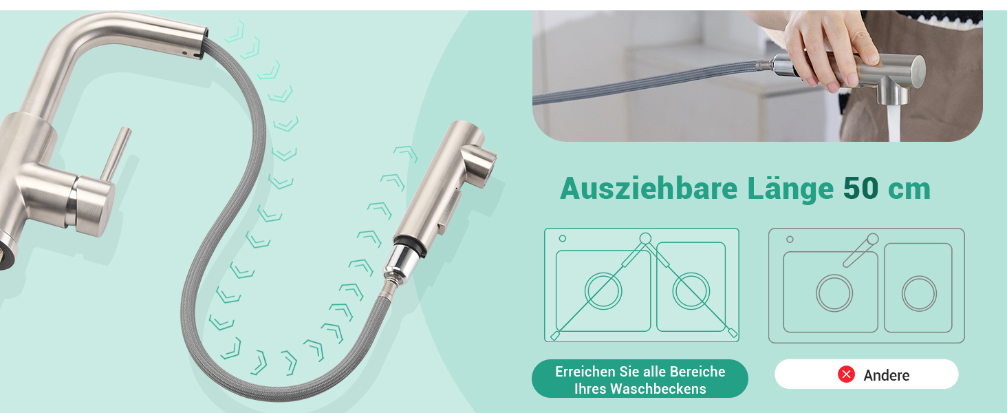 Кухонний змішувач Dayone з висувною лійкою, нержавіюча сталь SUS304, високий тиск, 2 функції, поворотна лійка 360°, L-подібна форма, G6808bn